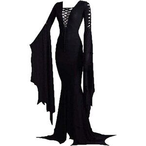 Women Morticia Floor Length Dress Costume Gothic Witch Vintage Halloween Outfit